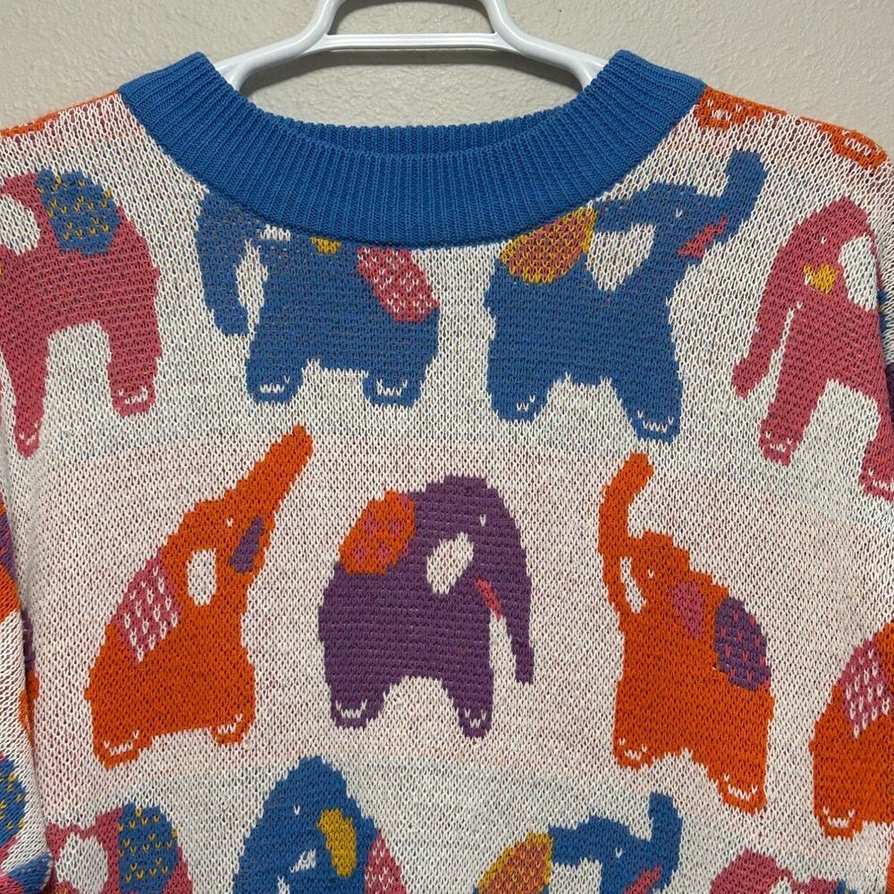 Creative Force Elephants Sweater Womens S Multicolor Crew Neck Long Sleeve